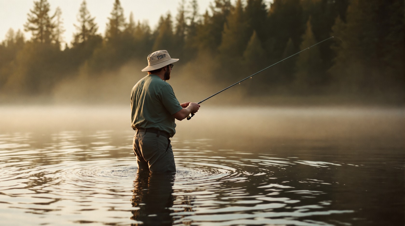 Angler casting into a misty lake at golden hour, with a pine forest along the shore