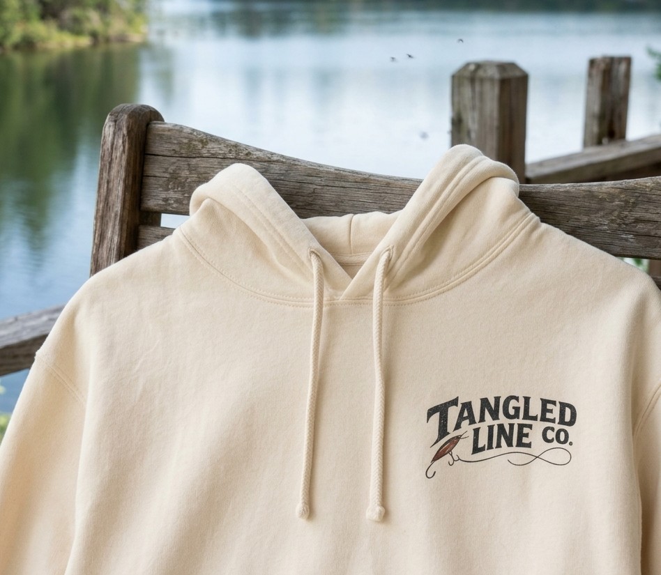 Cream Tangled Line Co. hoodie draped over a weathered wooden chair beside a lake