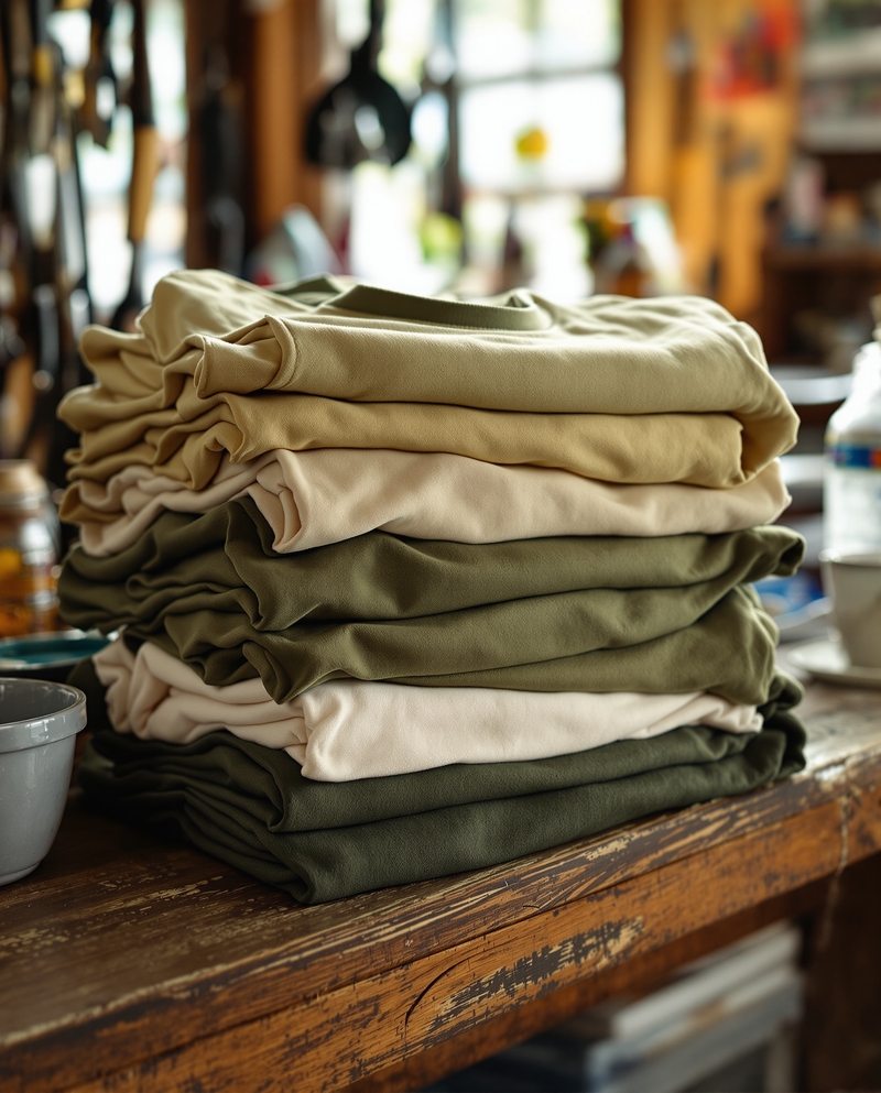 Stack of folded cream, tan and olive tees on a weathered wooden counter